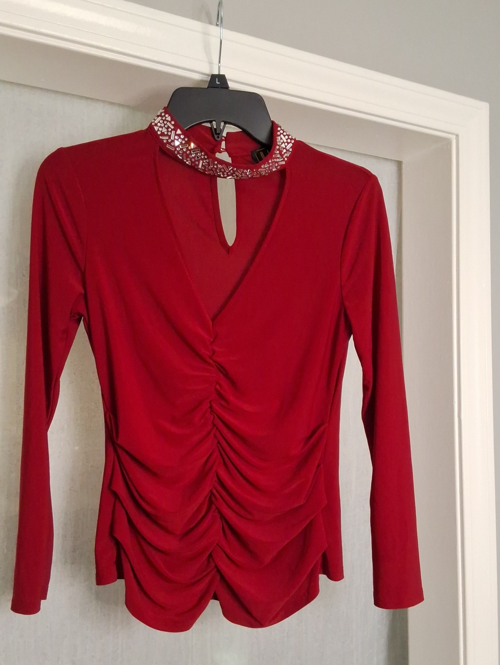 Ruched Red Long-Sleeve Top with Jeweled Collar